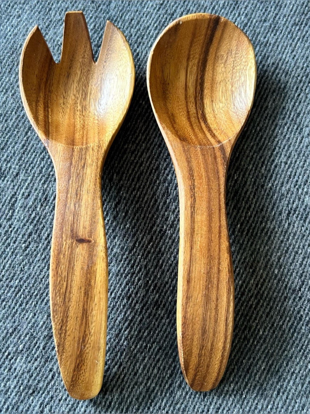 Vintage MCM Rustic Set of 2 Acacia Wooden Salad Servers #0310263A